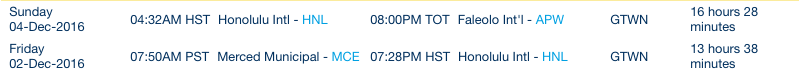 HNL to APW and MCE to HNL bookings